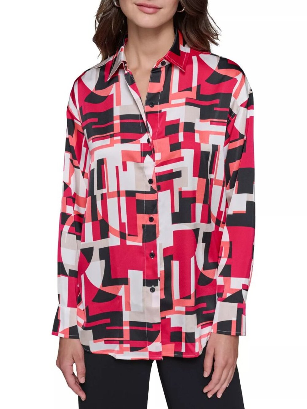 Karl Lagerfeld Paris Women's Size L Geometric Black Pink White Shirt NEW